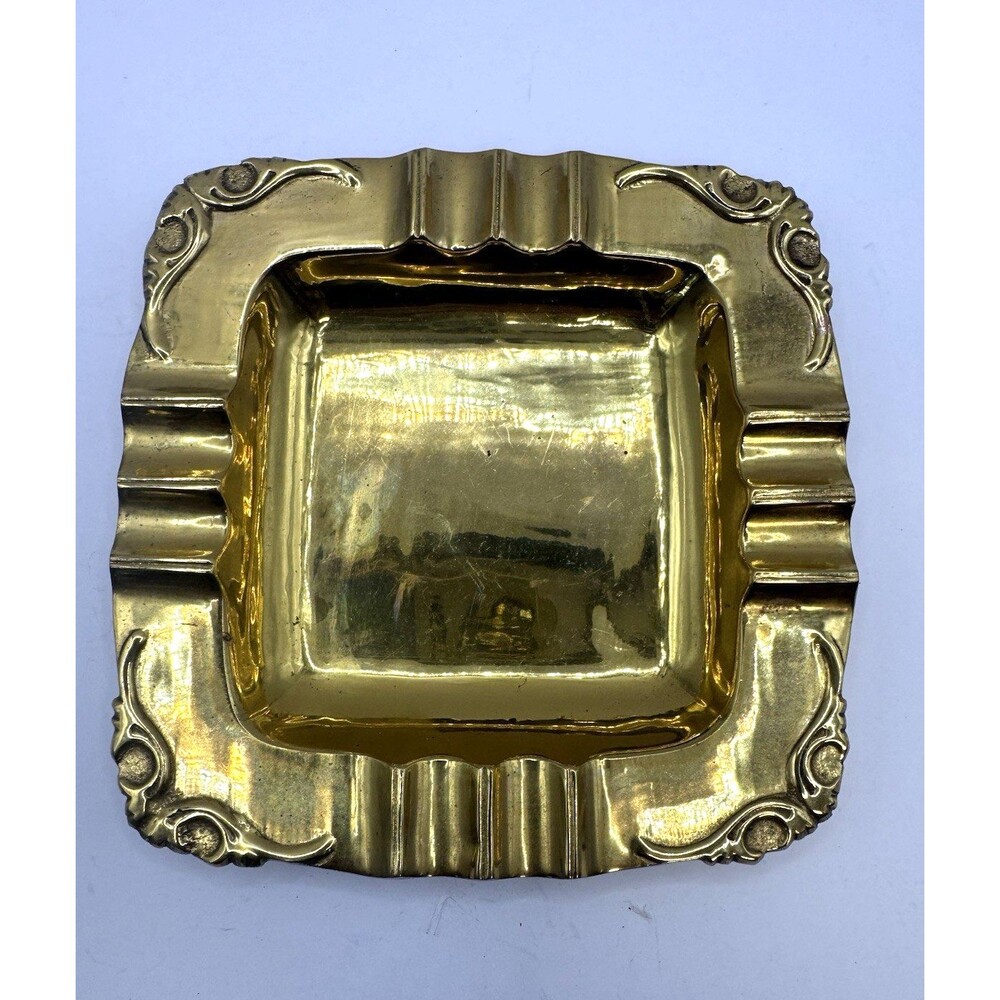 Vintage Solid Brass Ornate Scroll Corners Ashtray | Cigar Tray Hollywood Regency